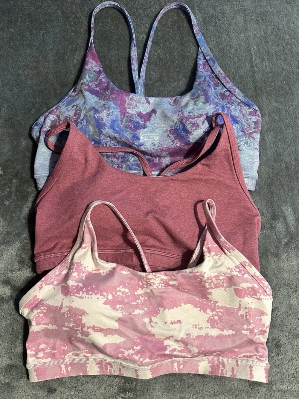 FLEO Cami sports bras, light support, size large. Used but very good condition.